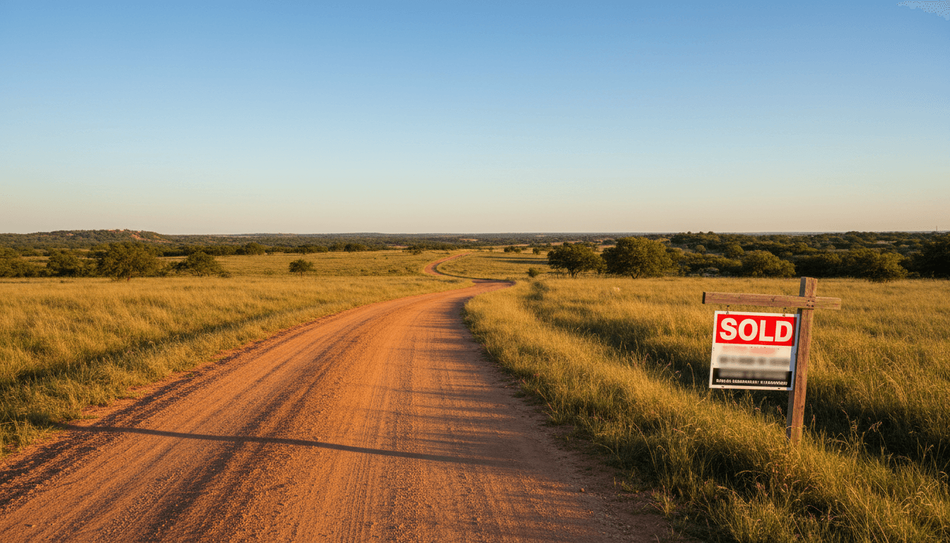 Open Texas landscape with a sold sign in the foreground under a clear blue sky
