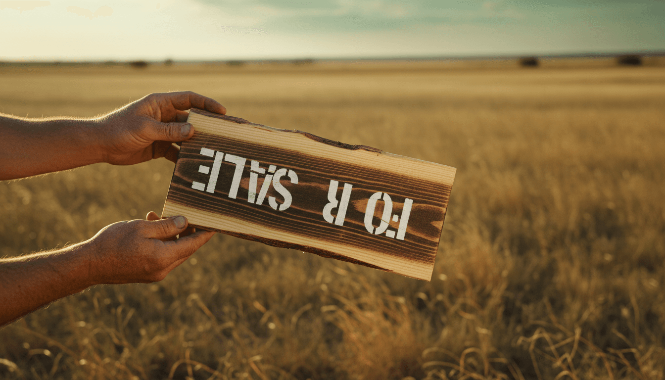 Hands holding a For Sale sign upside down in a field