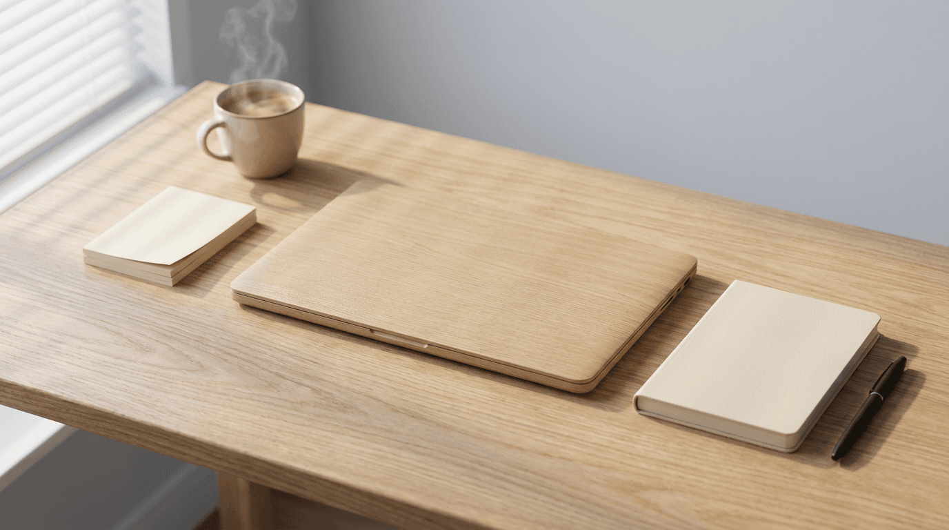 Office desk with papers and laptop
