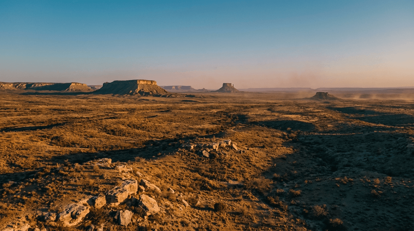 Texas landscape with open fields and a for sale sign during golden hour