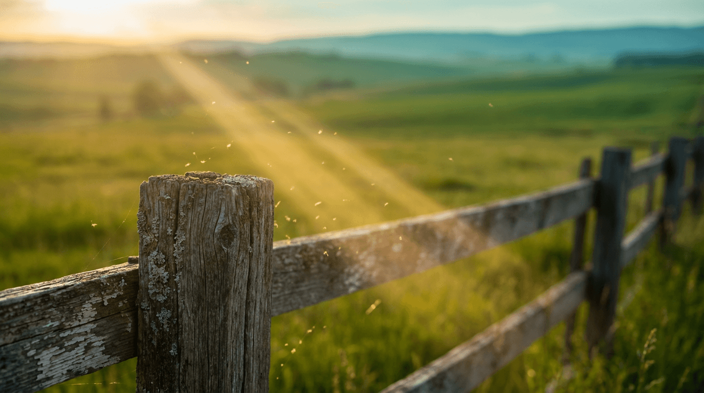 Texas prairie at sunset with wooden fence and open gate
