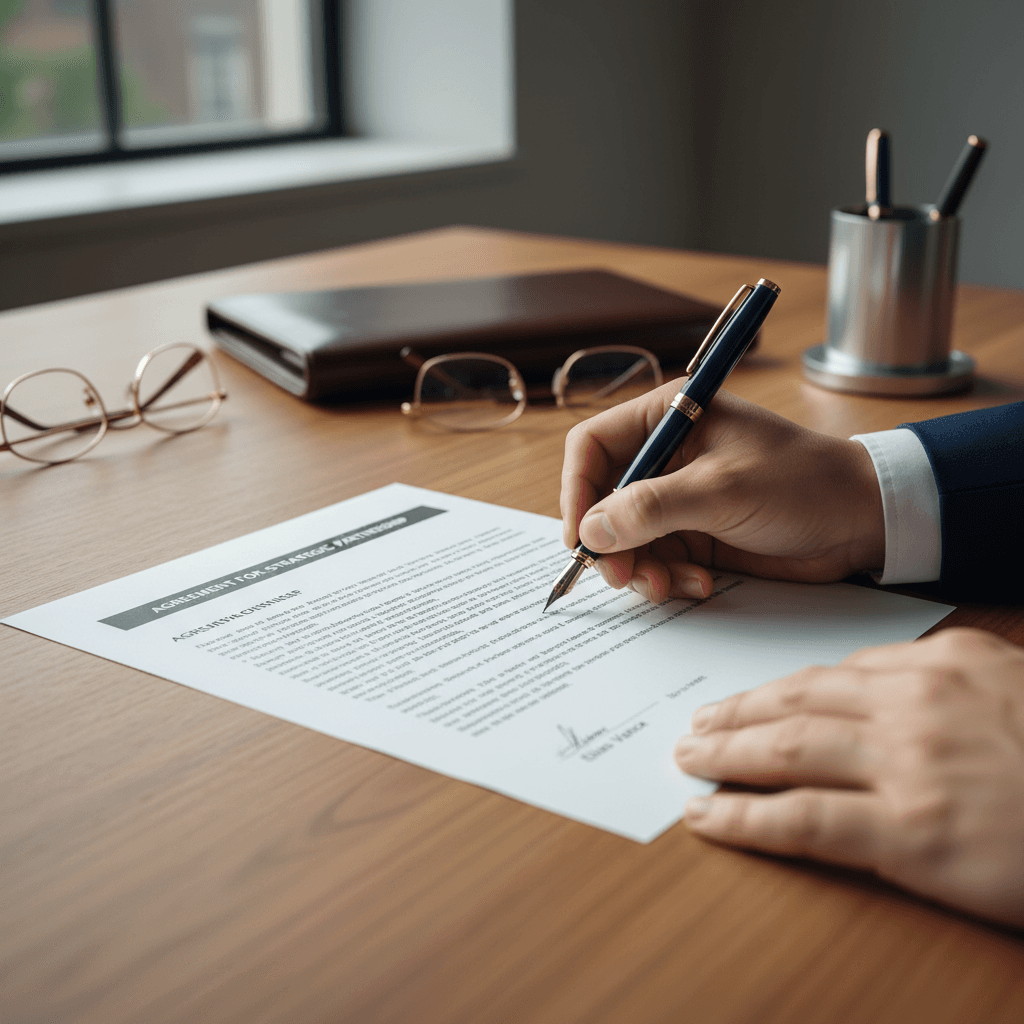 Signed document on a wooden table